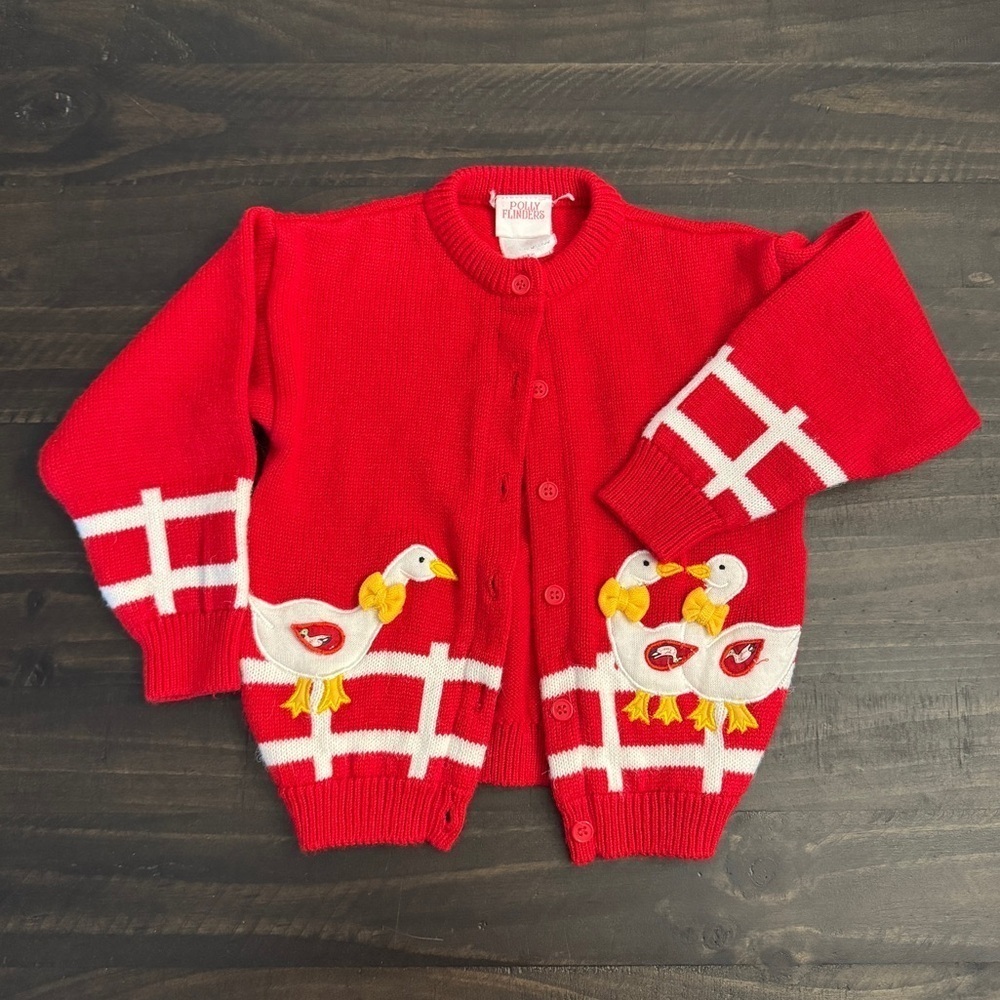 Vintage Polly Flinders Toddler Sweater Red Cardigan Size Medium Embroidered Duck